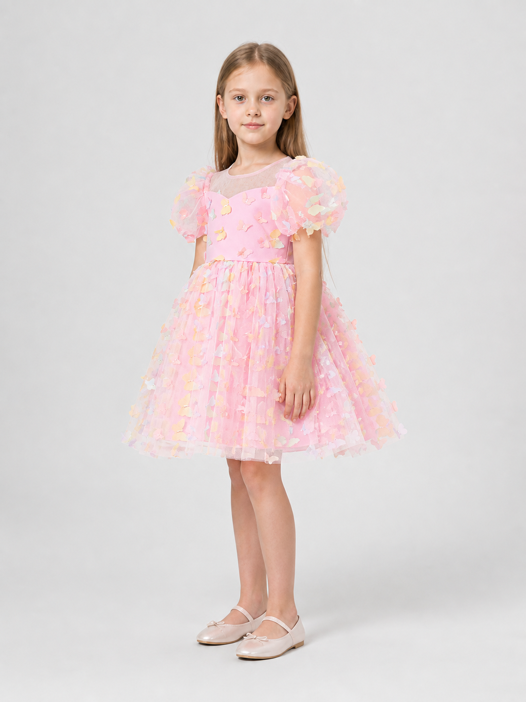Dress with Puff Sleeves, a Full Skirt, and Butterflies side view
