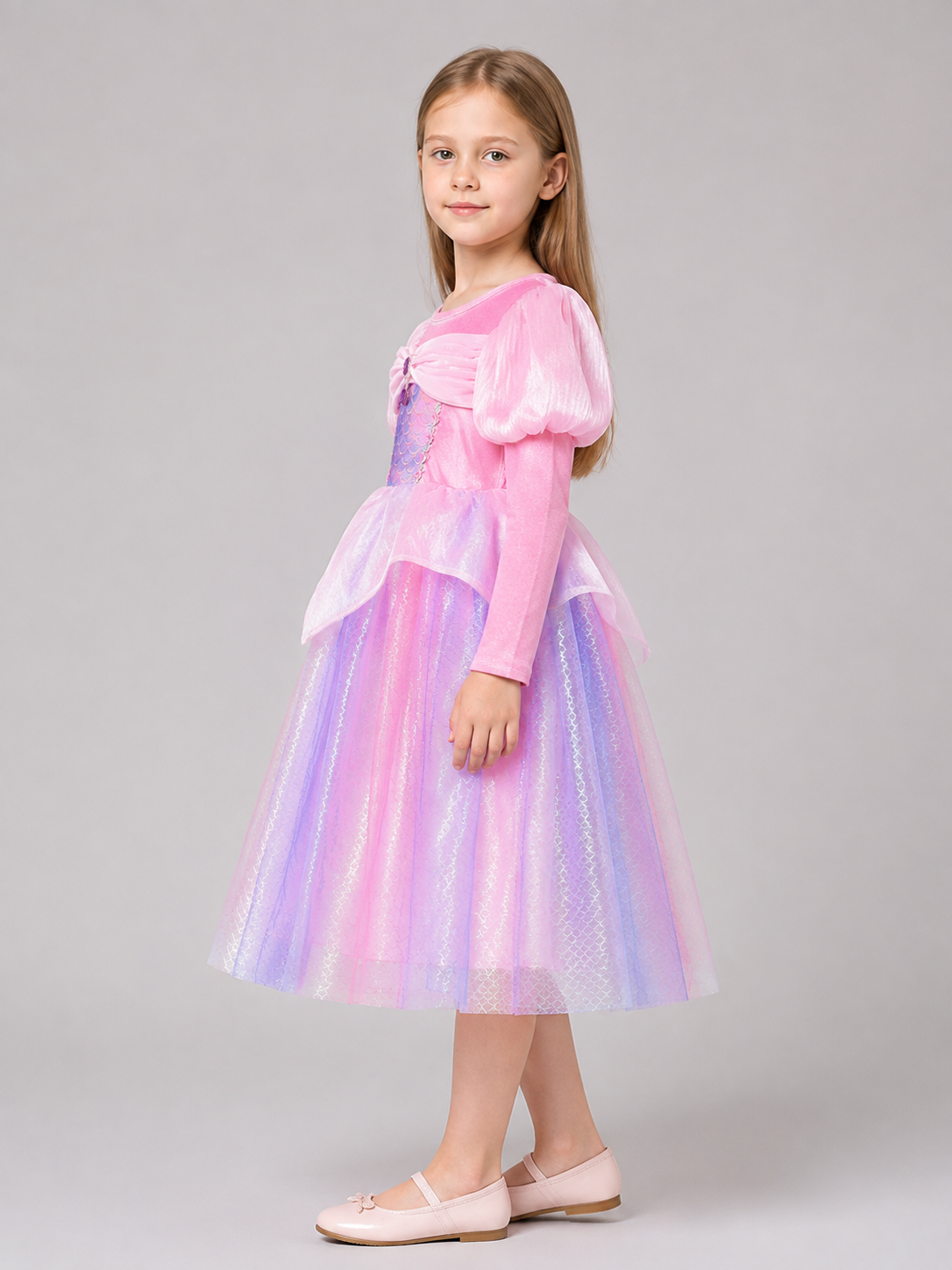 Princess Dress with Full Skirt and Puff Sleeves side view