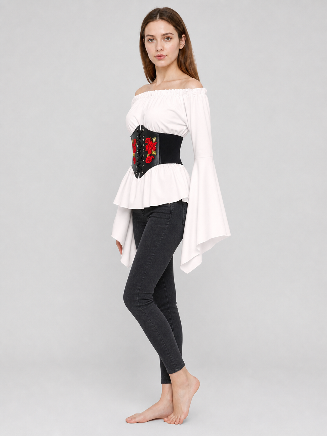 Vintage-Style Blouse with Embroidered Belt