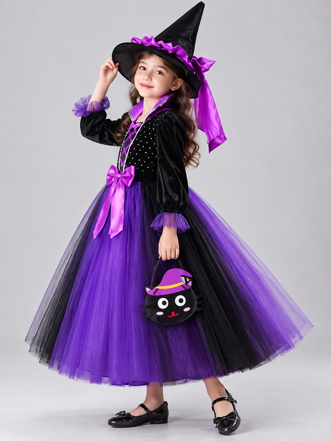 Kids' Witch Costume with Hat and Bag