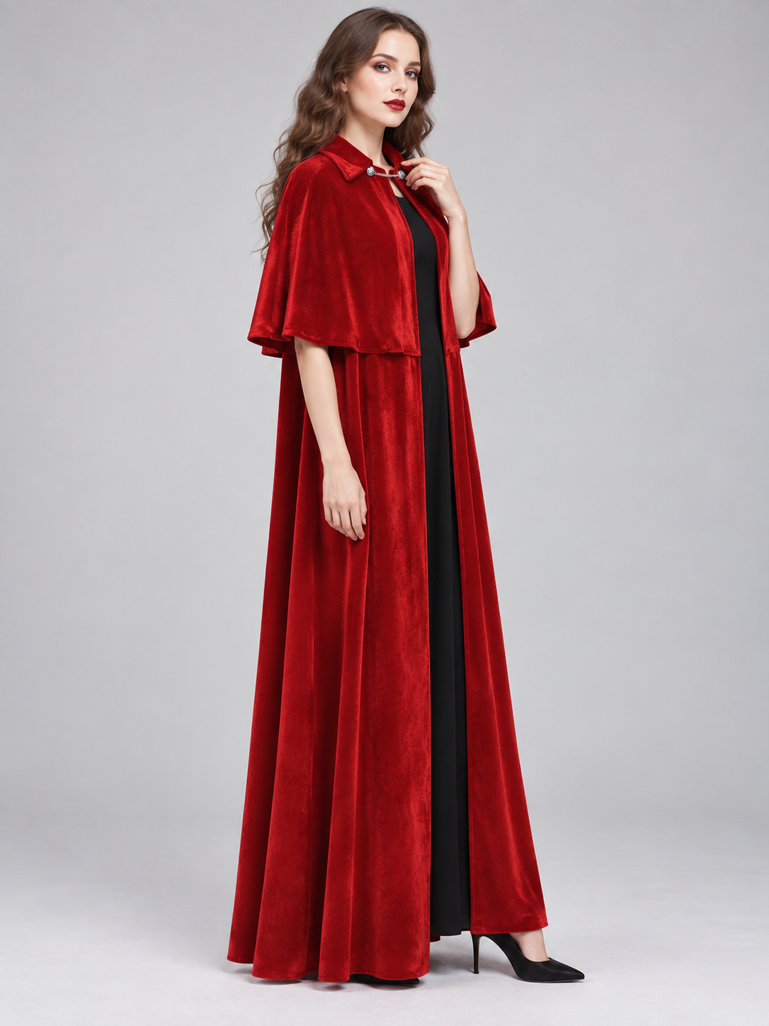 Long Red Velvet Cloak-Cape with Fastener