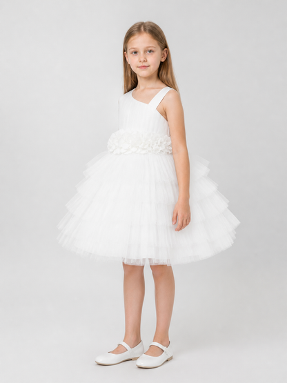 White Girls’ Dress with a Full Tulle Skirt side view