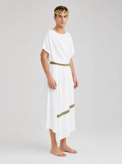 Adult Men's Ancient Greek Costume Set, 3pcs Draped Robe With Gold Trim, Waist Belt And Laurel Wreath For Cosplay Theme Parties