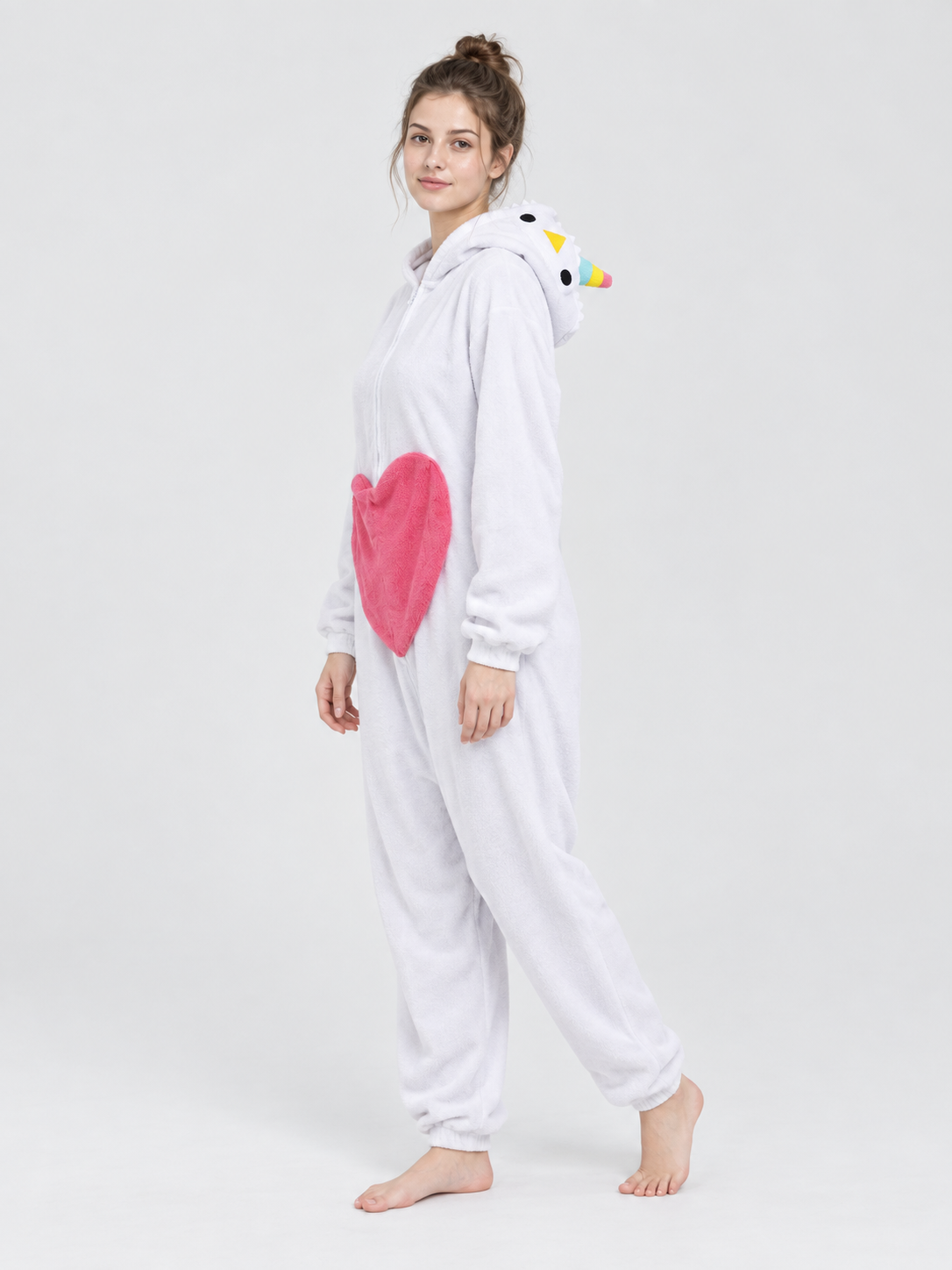 White Fleece Hooded Pajama Jumpsuit with Heart