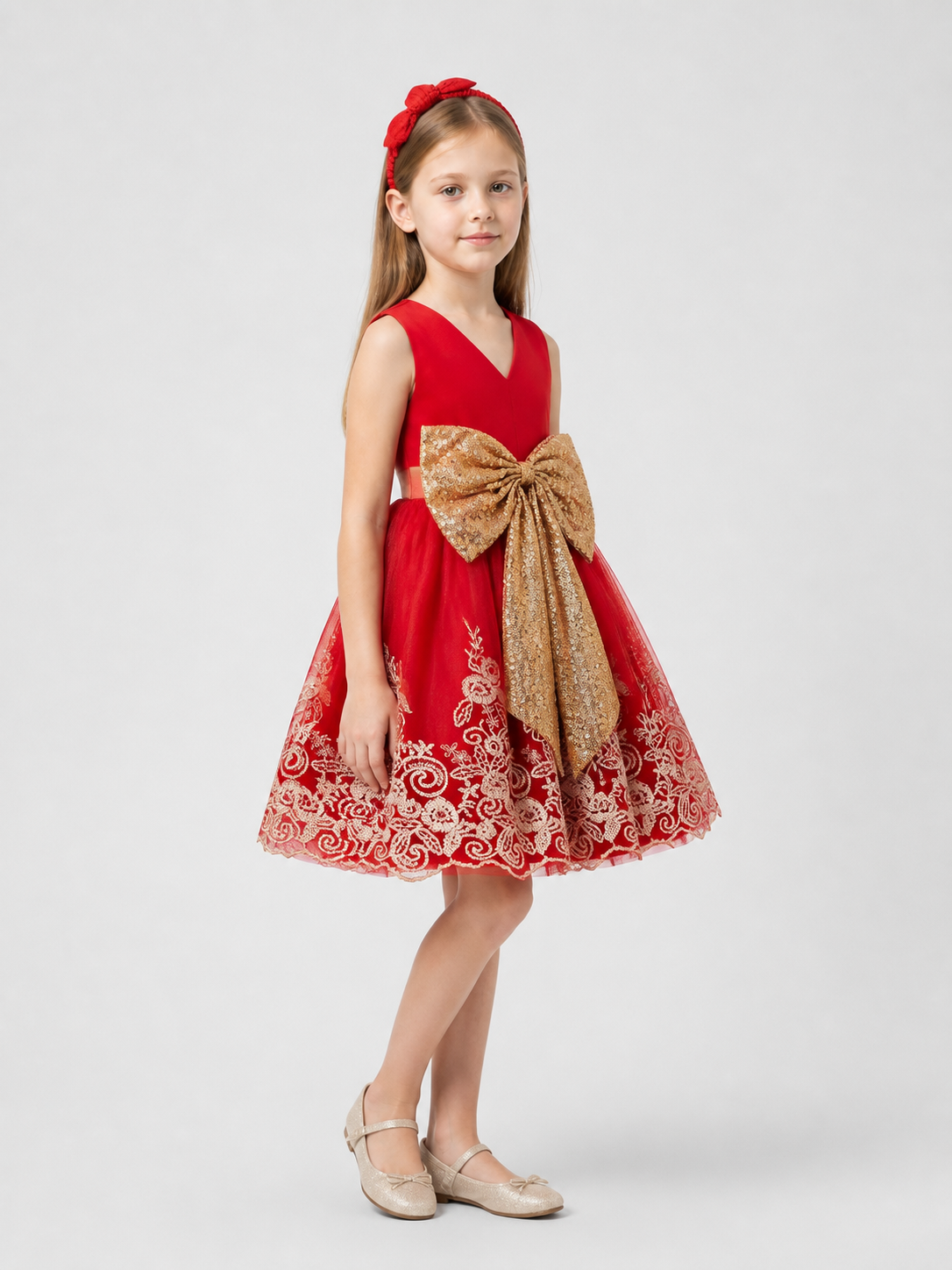 Princess Dress in Red with Gold Embroidery and Bow side view