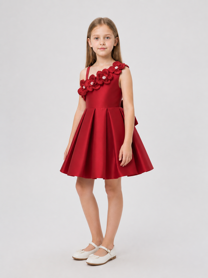 Dressy Burgundy One-Shoulder Dress with a Full Skirt
