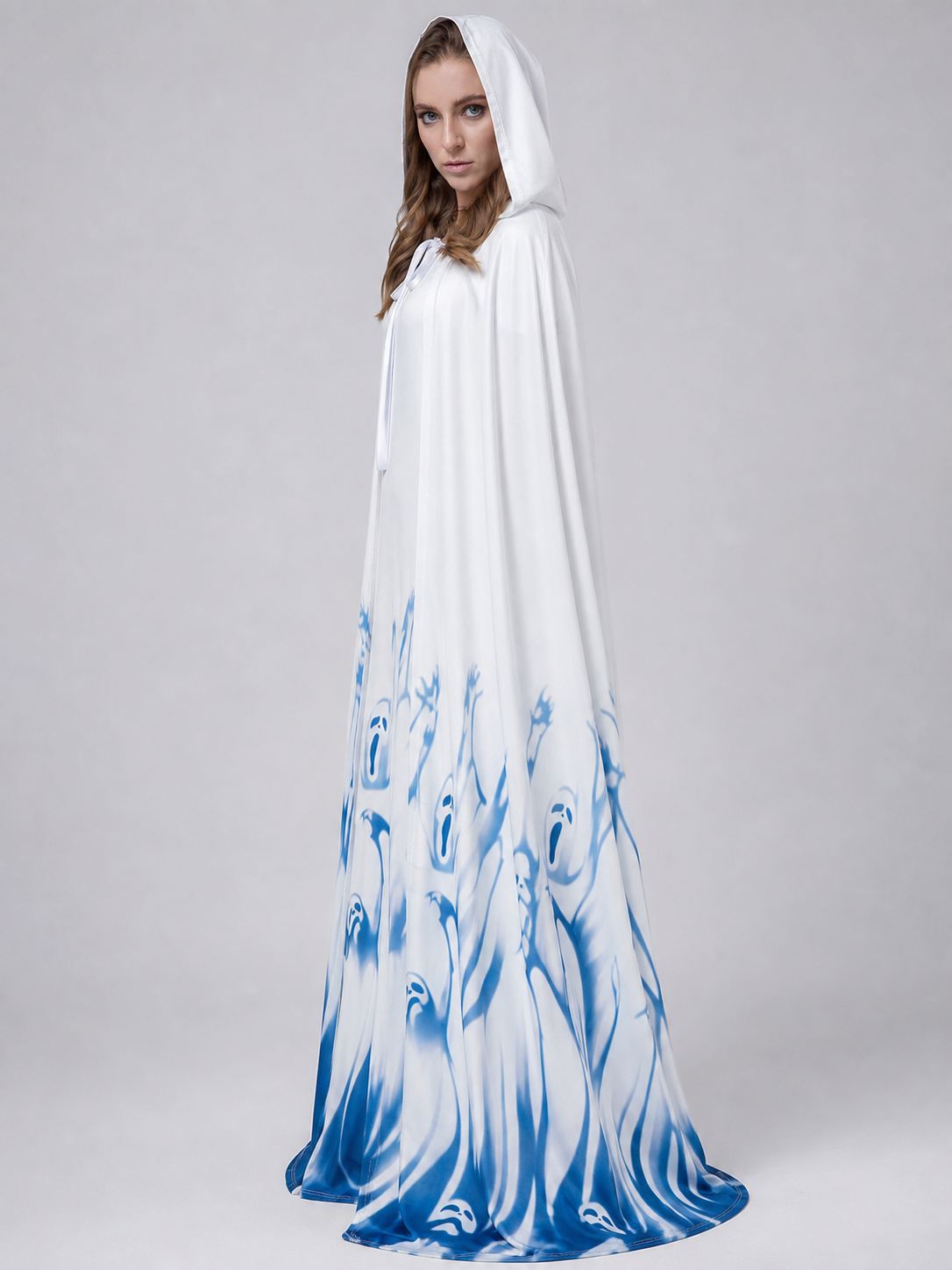 White Long Hooded Robe with Blue Pattern