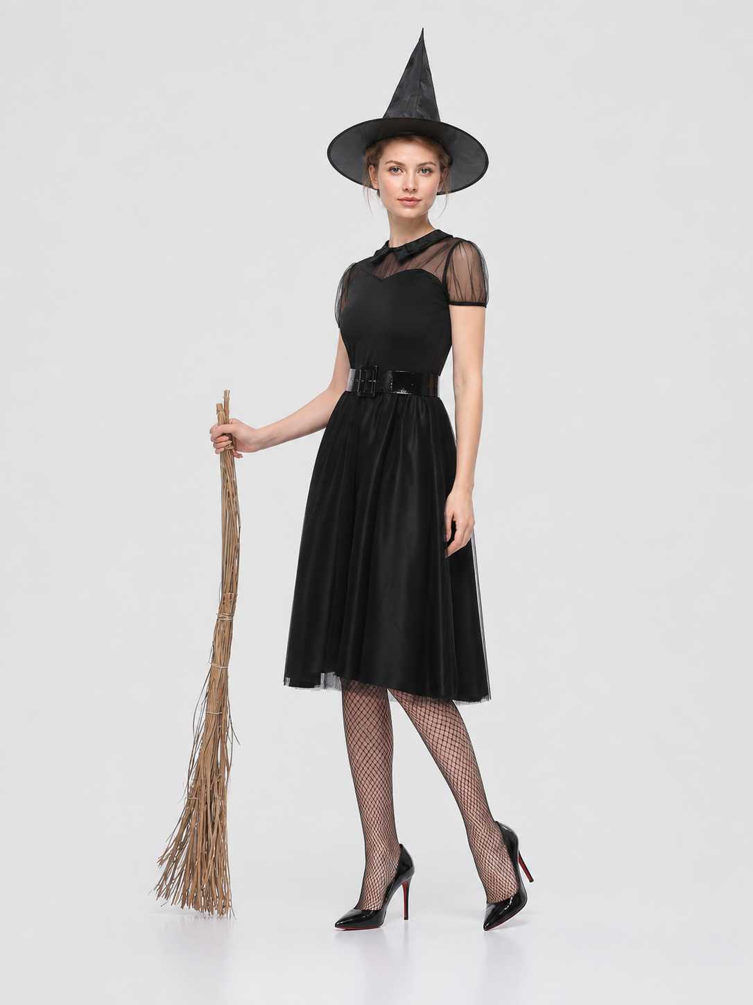 Witch Costume Dress for Cosplay with a Full Skirt and Belt side view