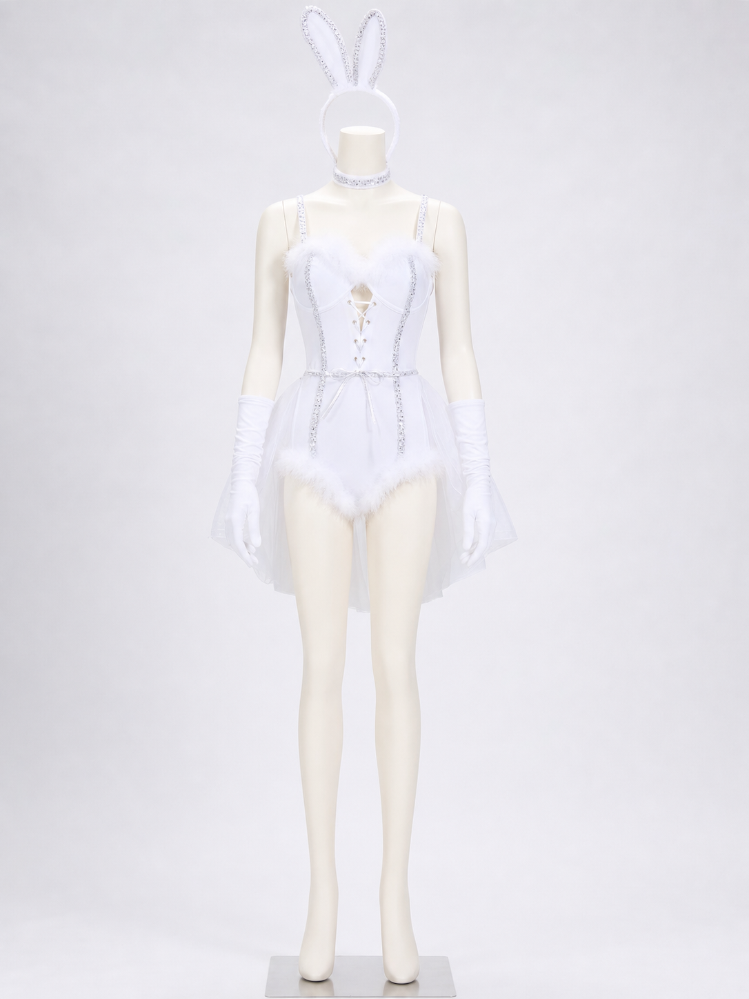 White One-Piece Rabbit Costume with Ears and Trim side view
