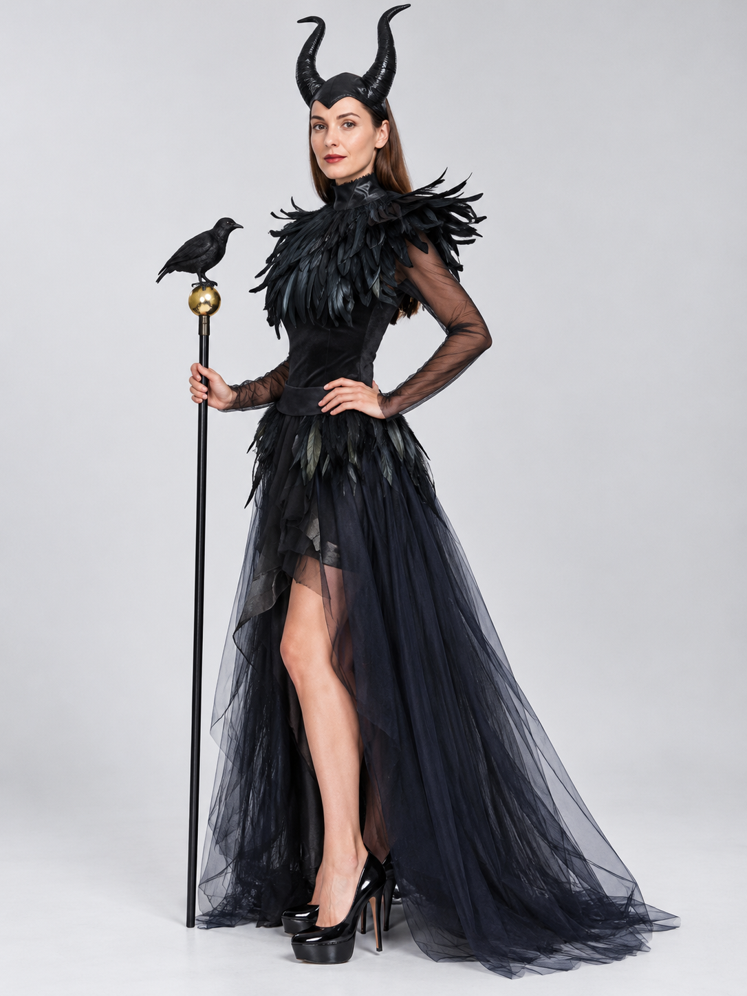 Black Carnival Costume with Feathers and Horns