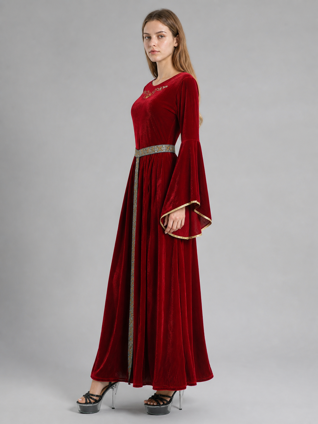 Burgundy Velour Costume Dress with Belt side view