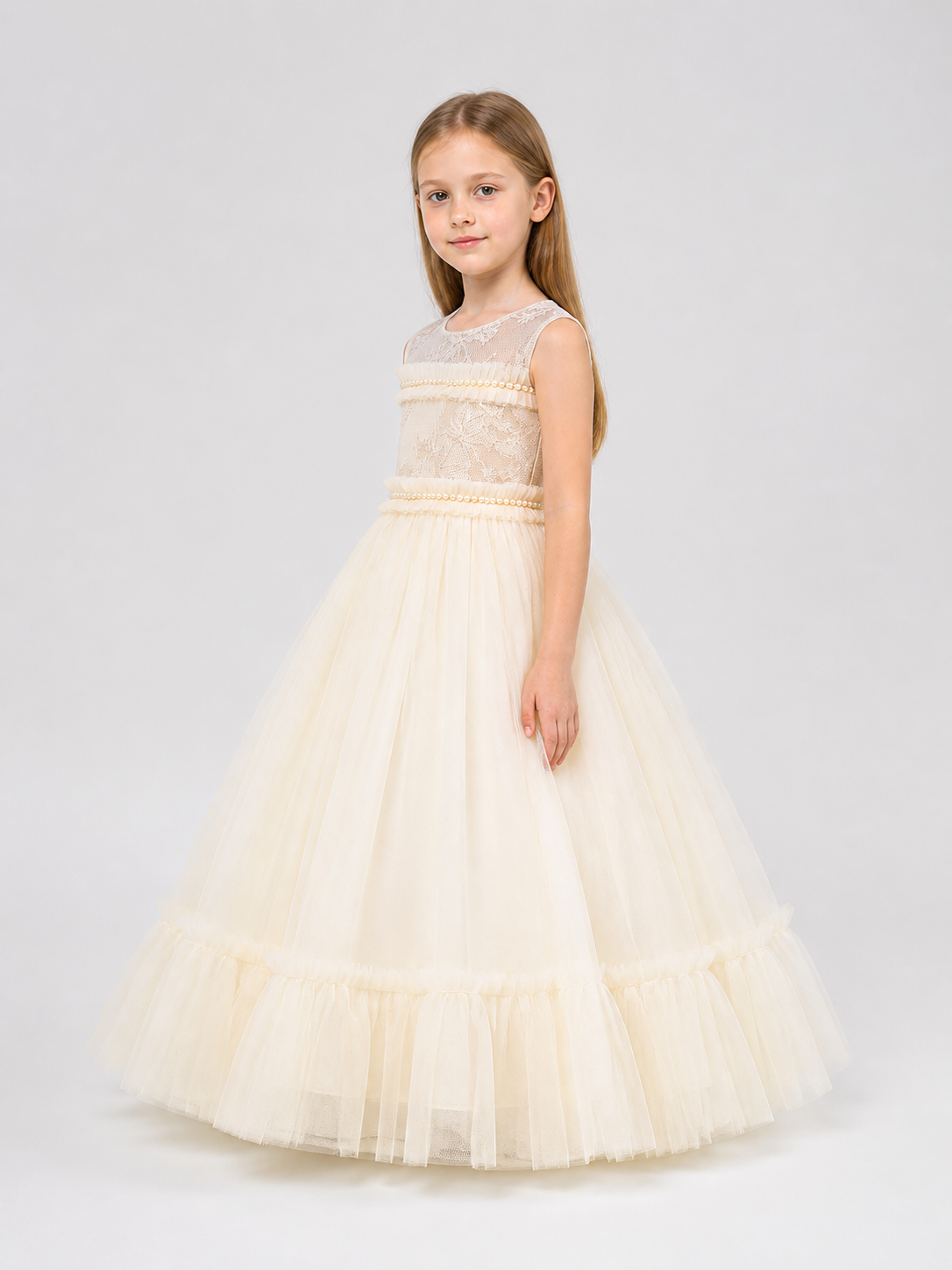 Long, Full Princess Dress with Lace for Flower Girls