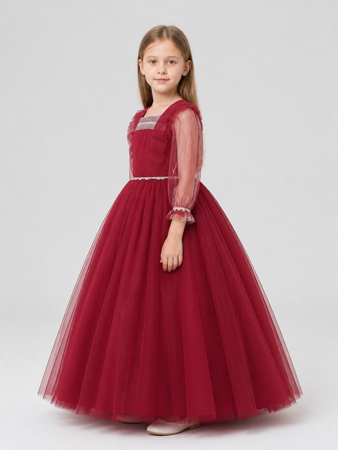 Burgundy Dress with a Full Skirt and Mesh Sleeves side view