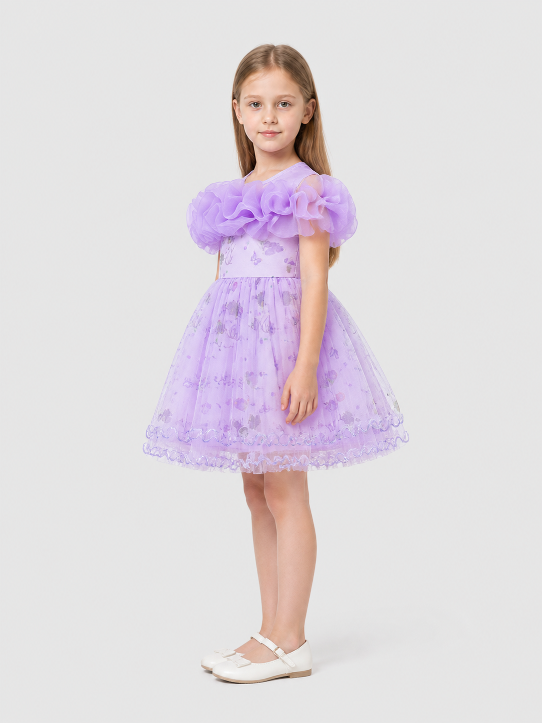 Purple Princess Dress with a Full Skirt and Ruffles side view