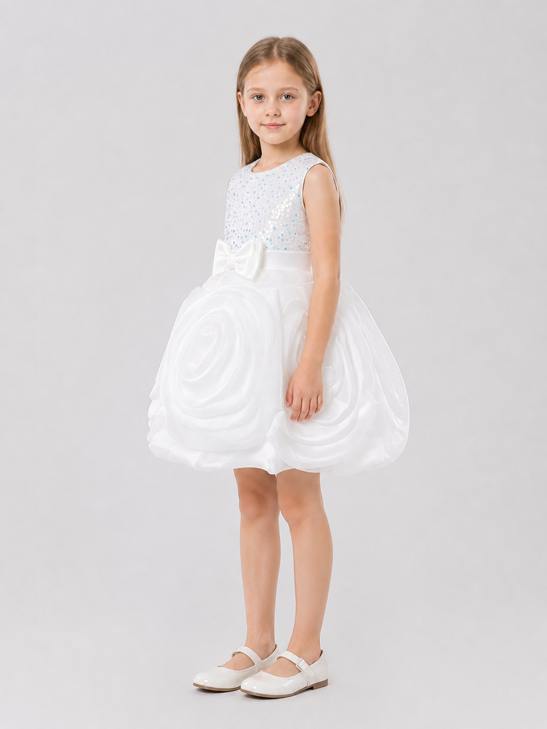 White Princess Dress for Girls with Sequins and Bow side view