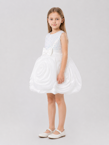 White Princess Dress for Girls with Sequins and Bow side view
