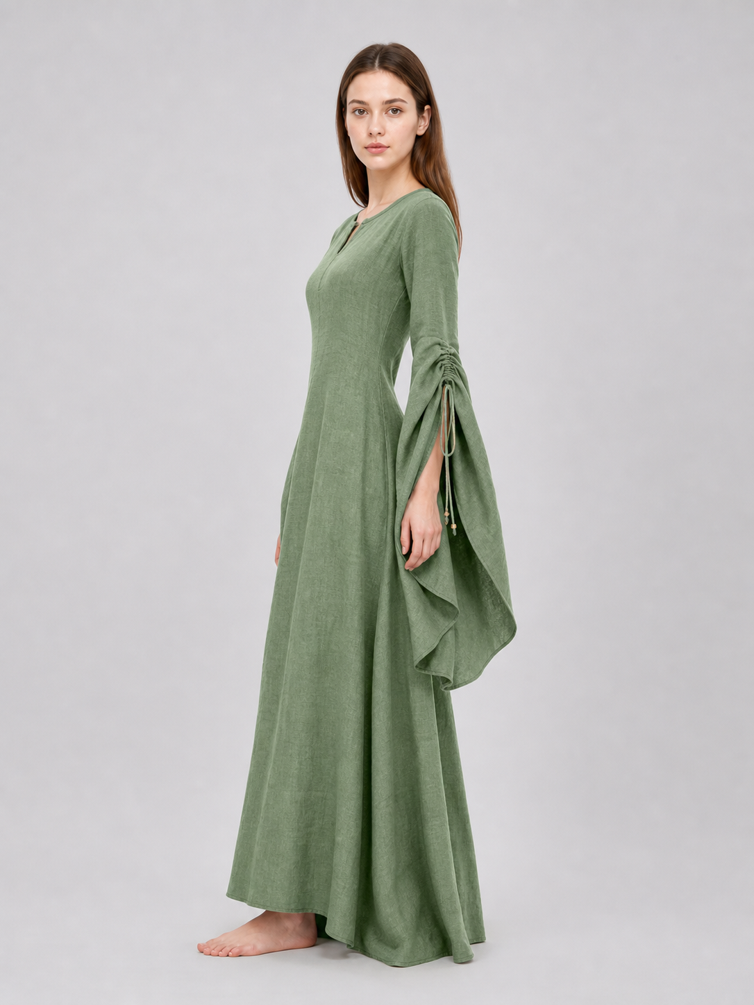 Long Green Retro-Style Belted Dress