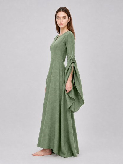 Long Green Retro-Style Belted Dress
