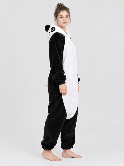 Black and White Panda Hooded Pajama Jumpsuit with Ears