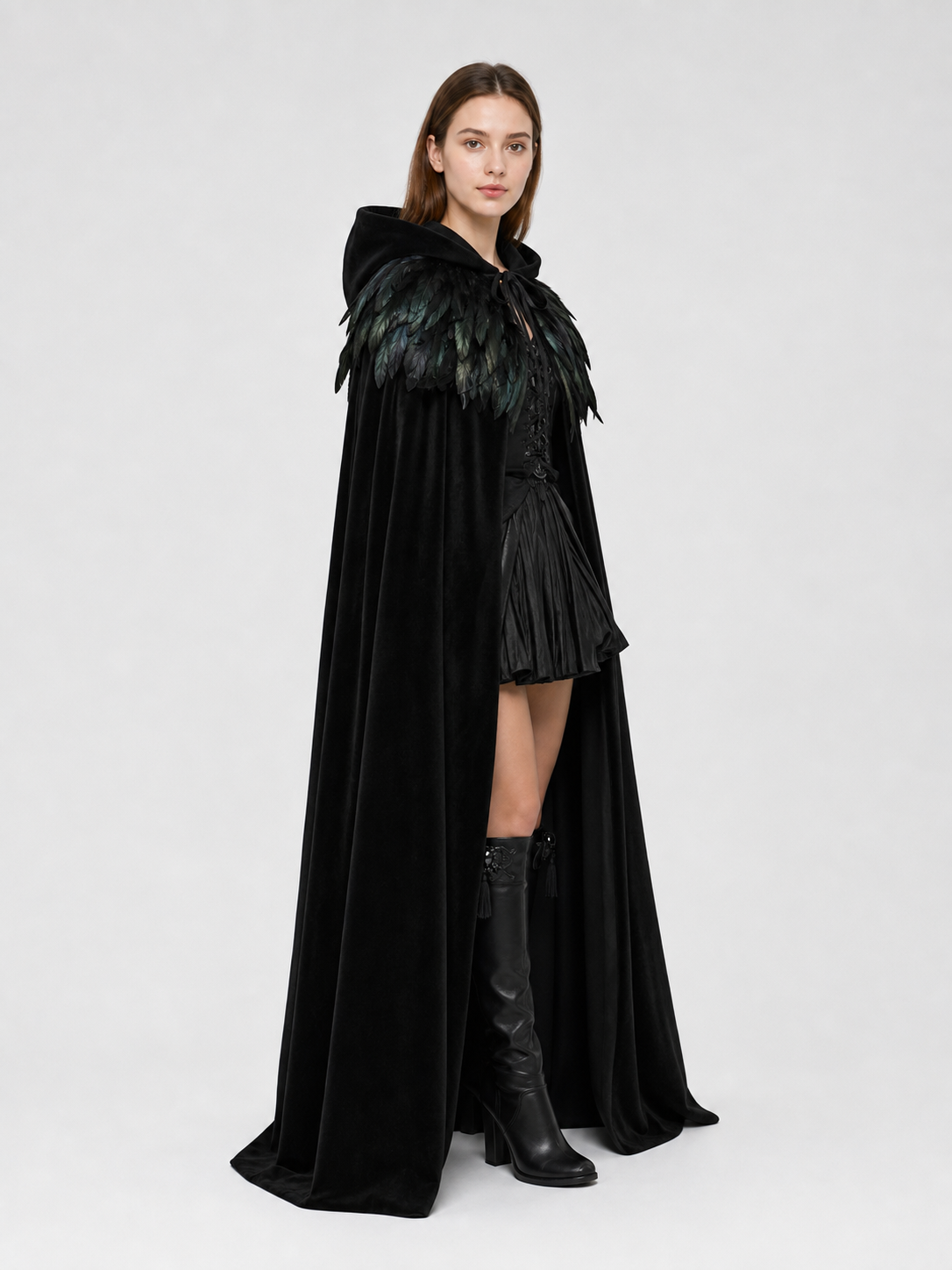 Black Velvet Hooded Cape with Feathers