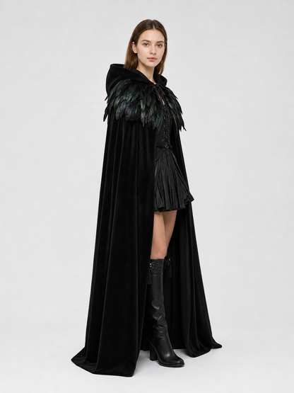 Black Velvet Hooded Cape with Feathers