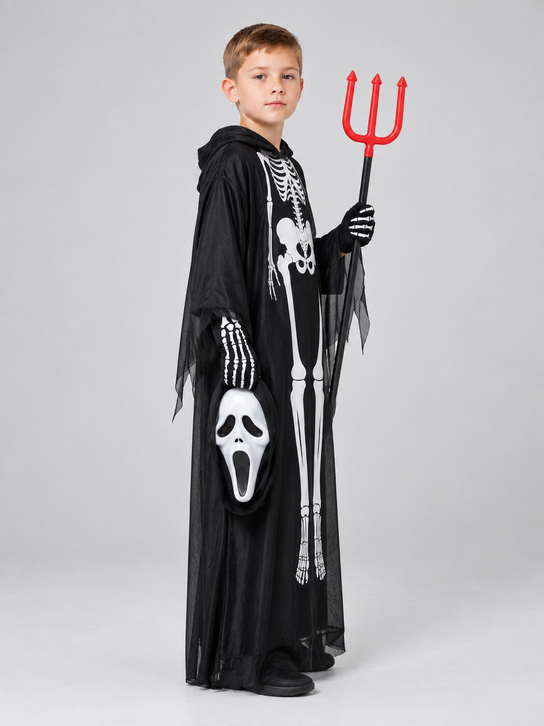 Skeleton Costume with Mask and Trident side view