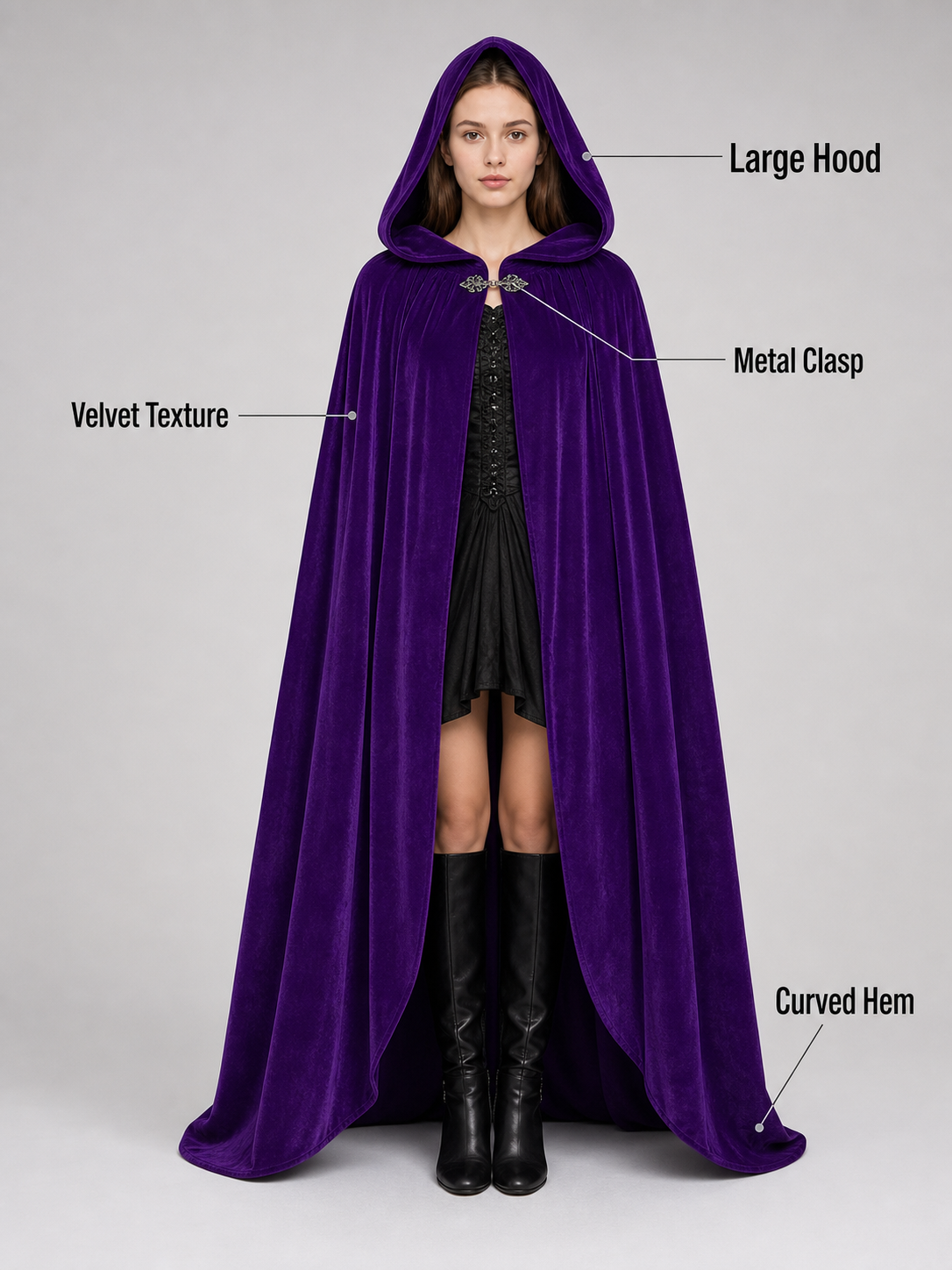 Purple hooded feather-trimmed velvet cape product view 37