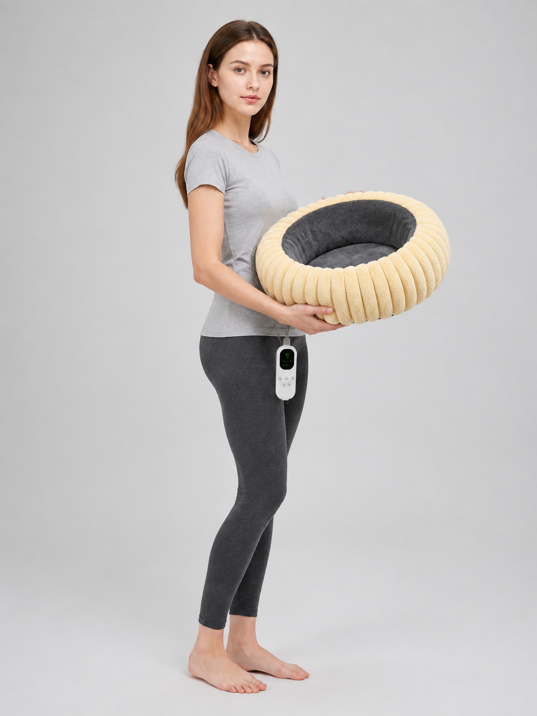 gray round heated pet bed with wired controller product image 5