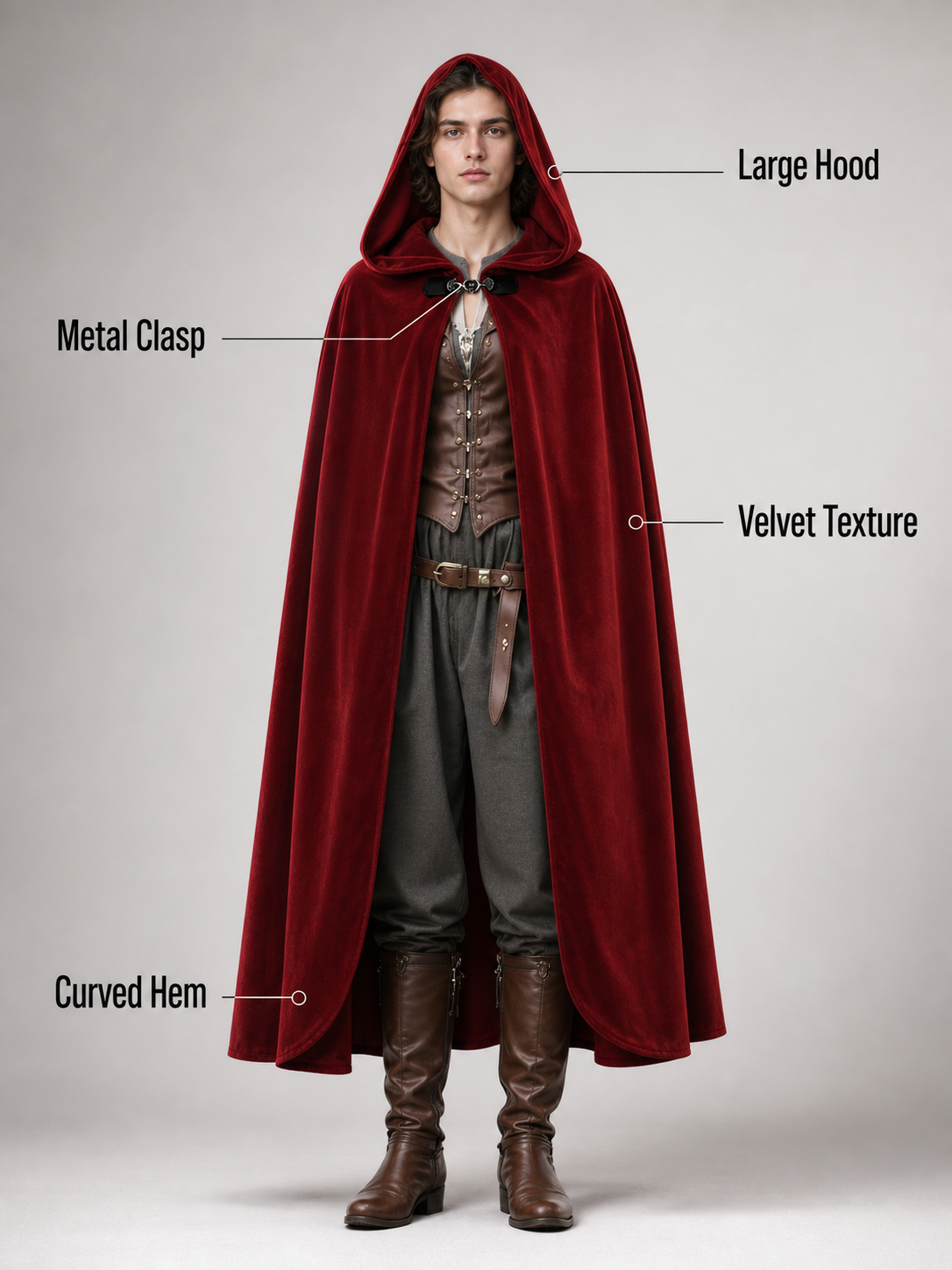 Burgundy Medieval Hooded Costume Cloak