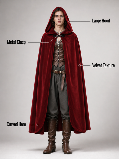 Burgundy Medieval Hooded Costume Cloak