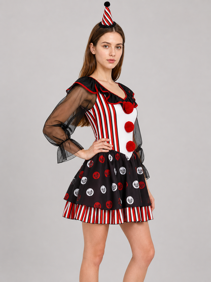 Circus Clown Costume with Red-and-White Pattern