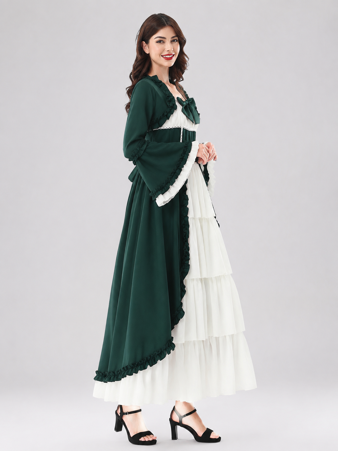 Medieval Dress with a White Bow and Tiered Skirt side view
