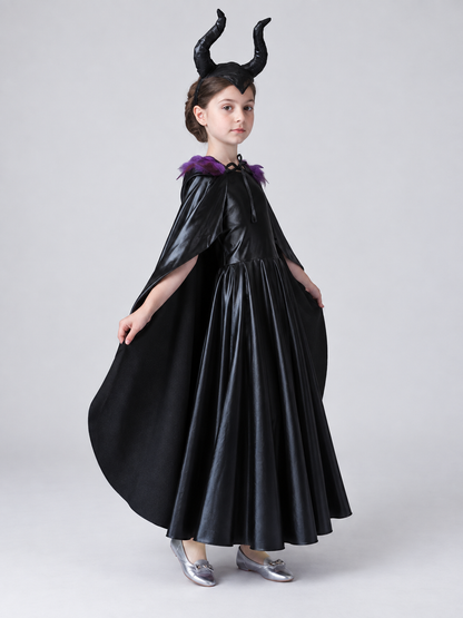 Costume: black dress, cape, headband with horns