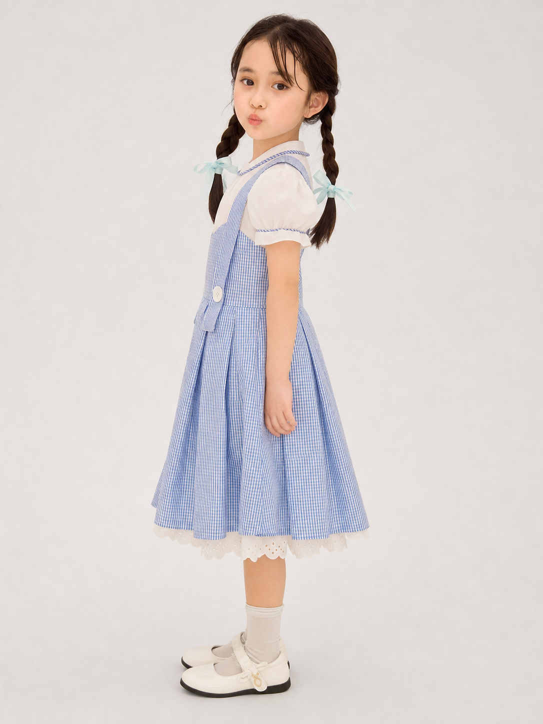 Cosplay Dress with Apron, White-and-Blue Check Pattern