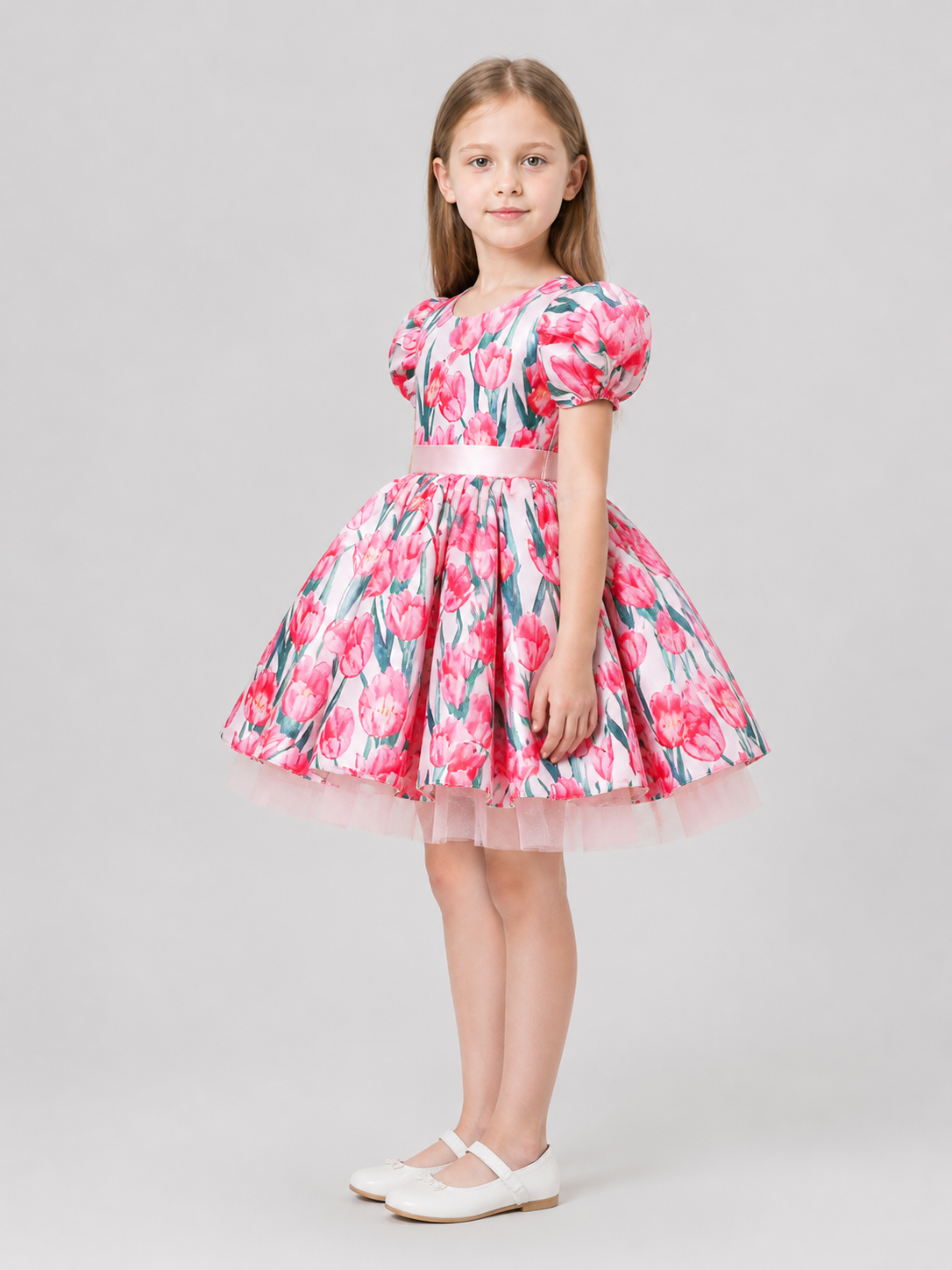 Girls' Tutu Dress with Puff Sleeves and Tulips side view