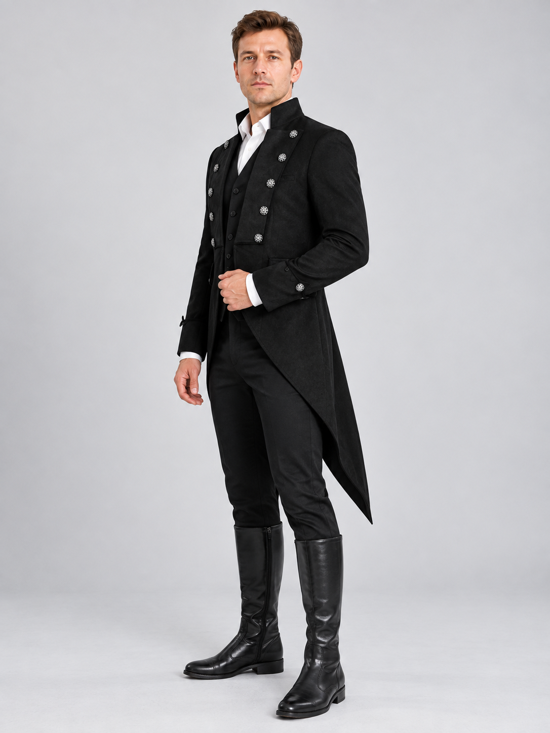 Black tailcoat with high collar and silver buttons