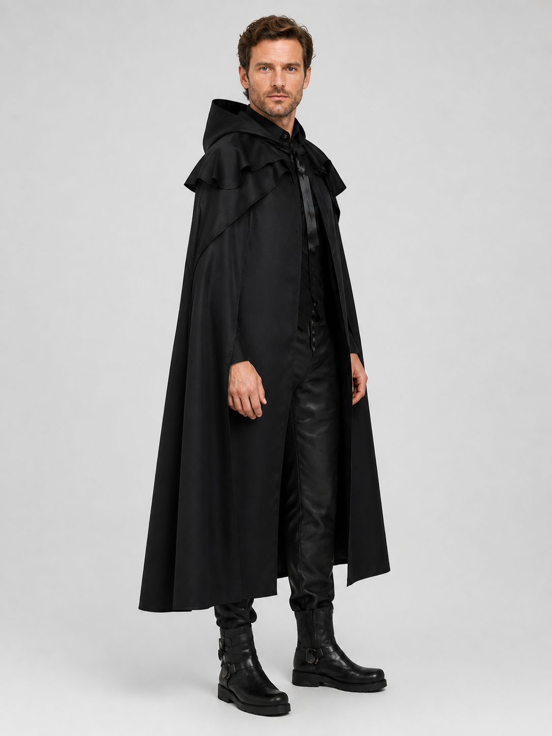 Black Hooded Death Cloak for Halloween, Cosplay side view
