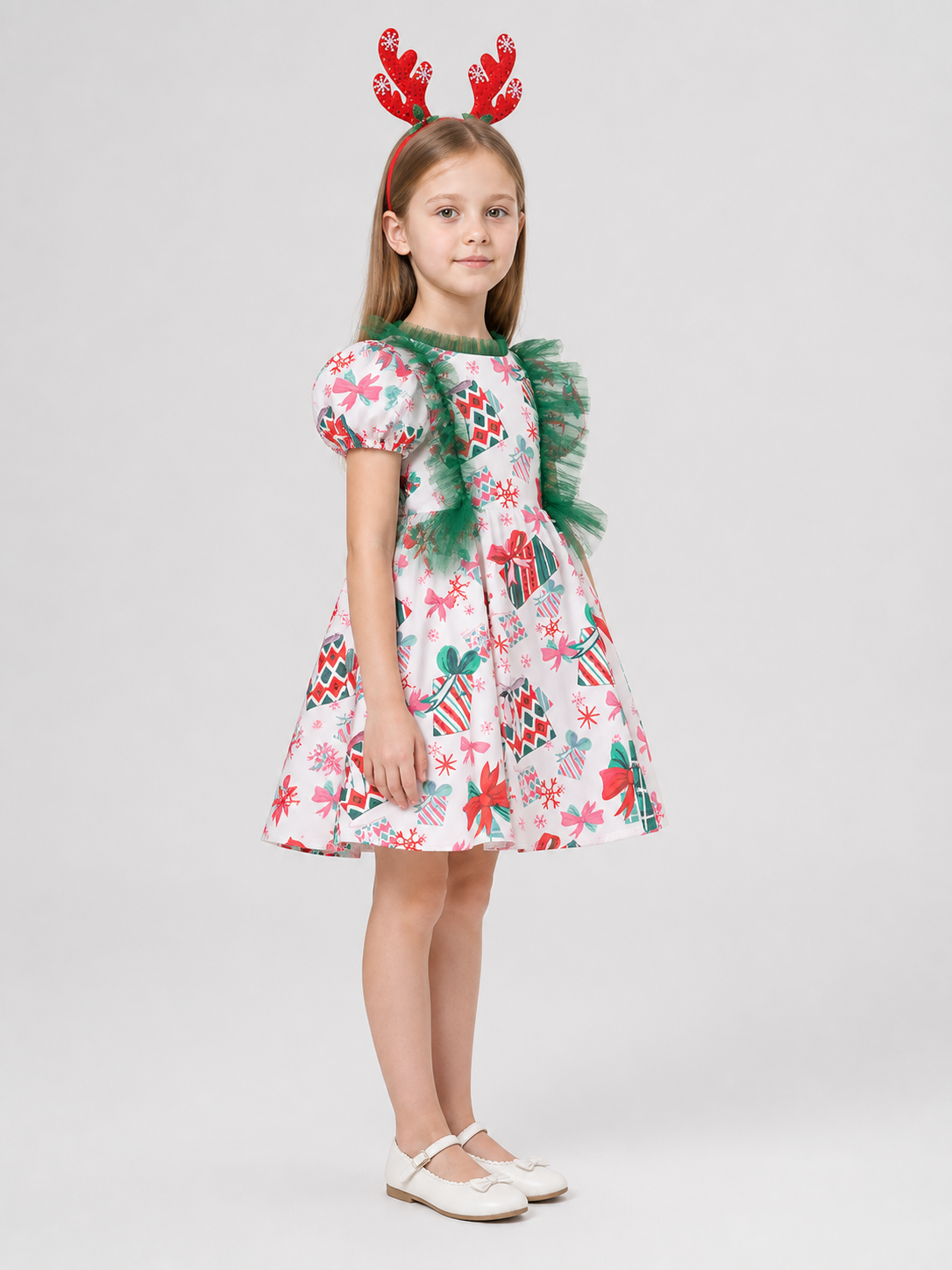 Children's Christmas Dress with Snowflakes and Headband side view