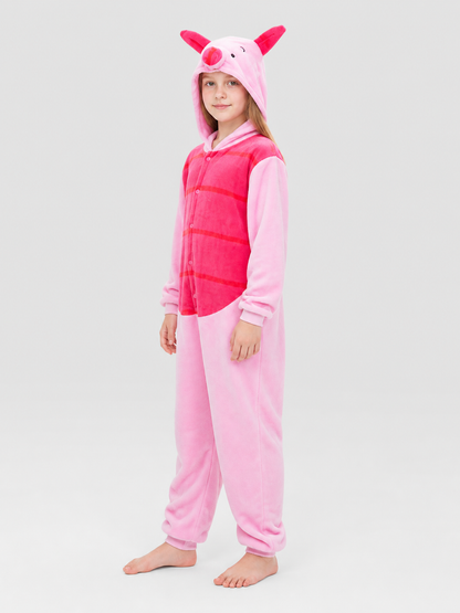 Flannel Pig Pajama Jumpsuit with Hood side view
