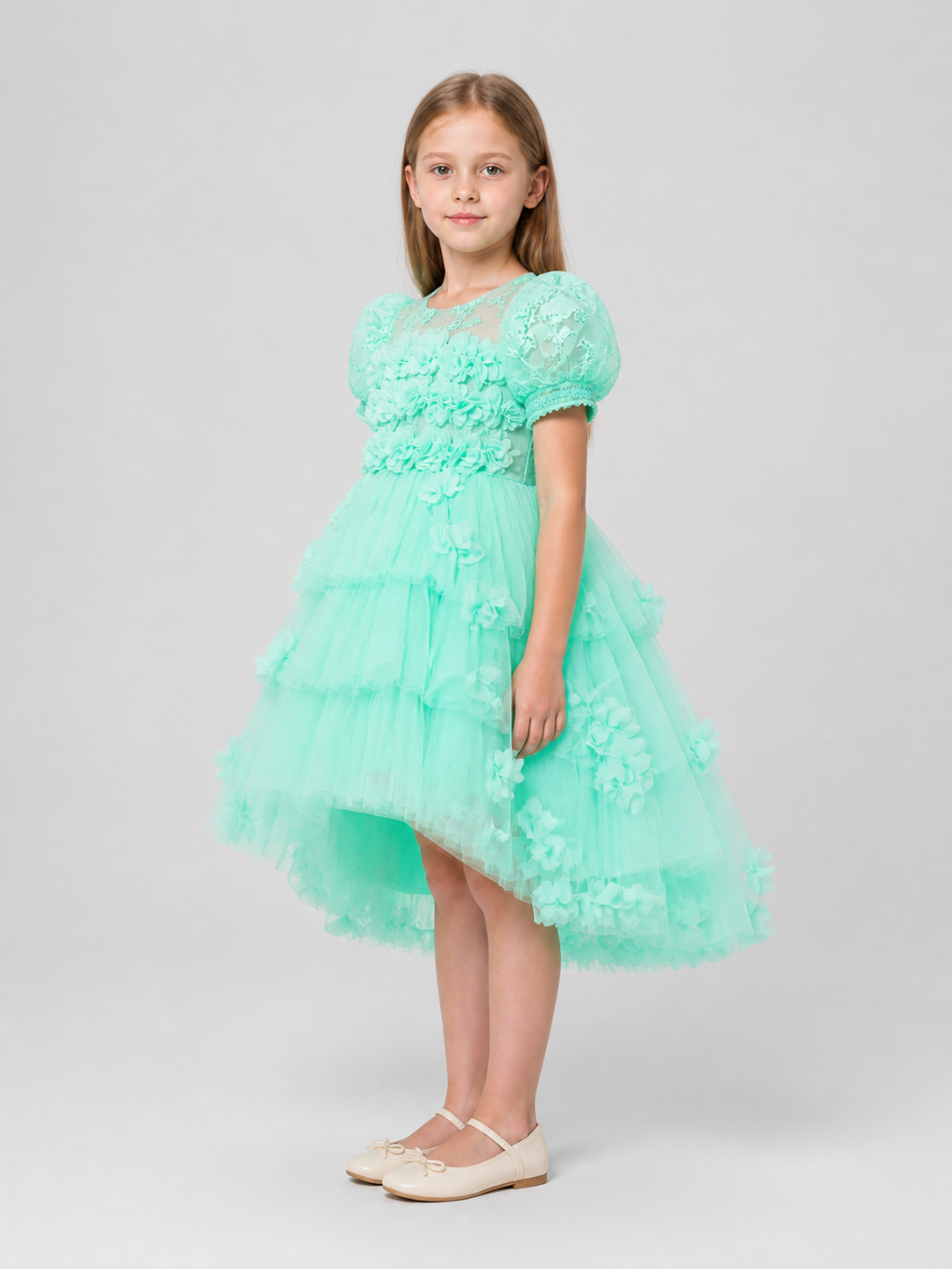 Dressy Children's Tulle Dress with Flowers and Full Skirt side view