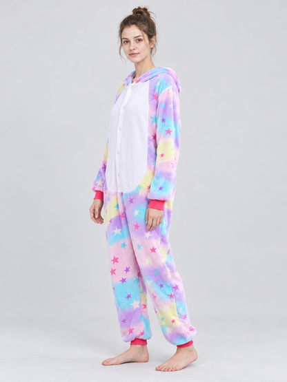 Flannel Hooded Pajama Jumpsuit with Star Print