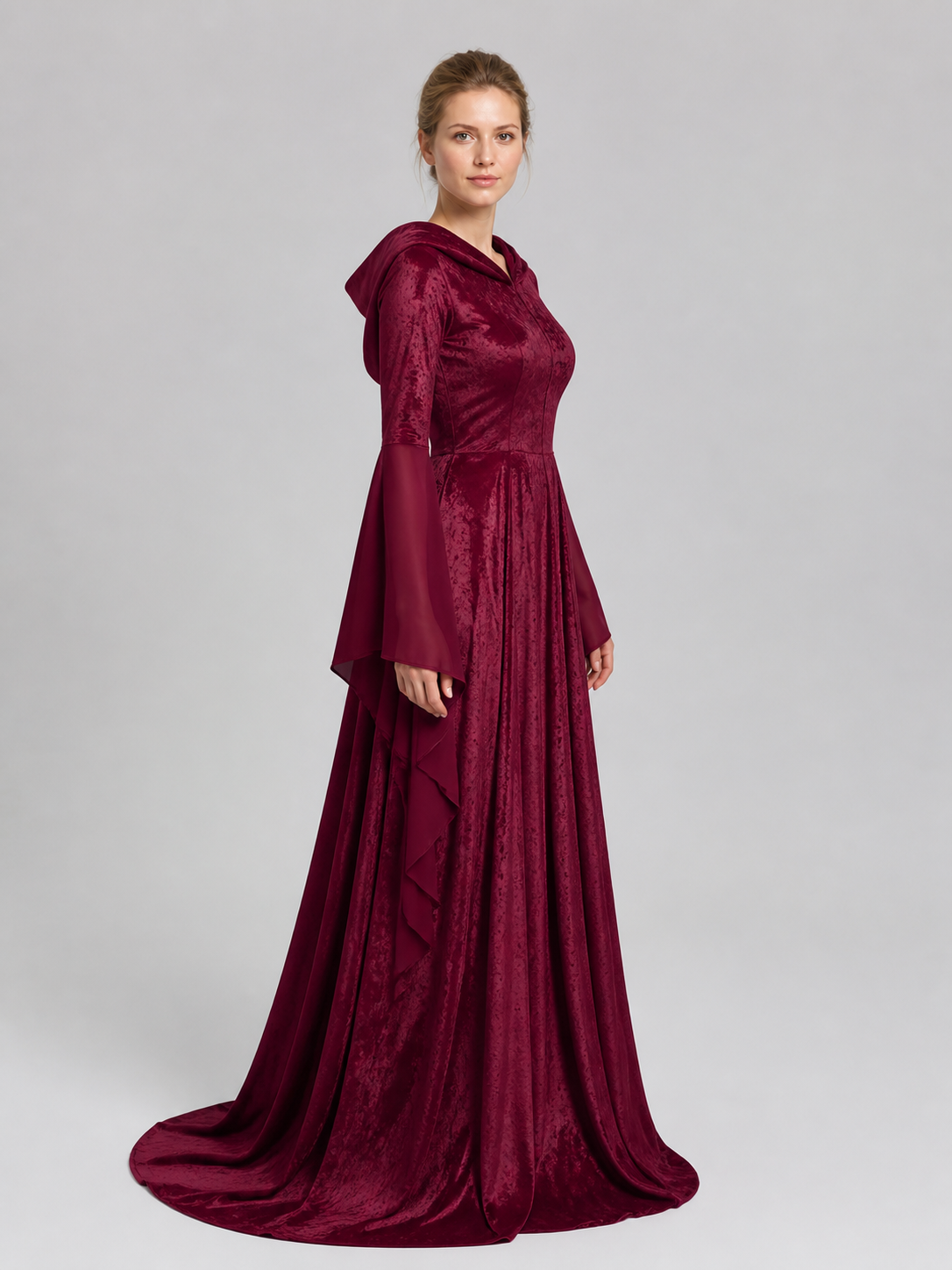 Wine-Colored Hooded Gothic Dress with Train side view