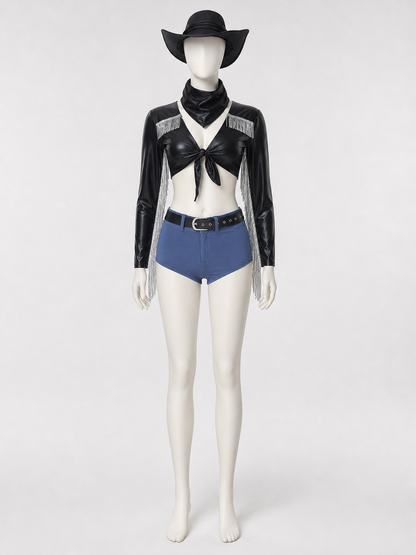 Black Cropped Jacket with Silver Fringe