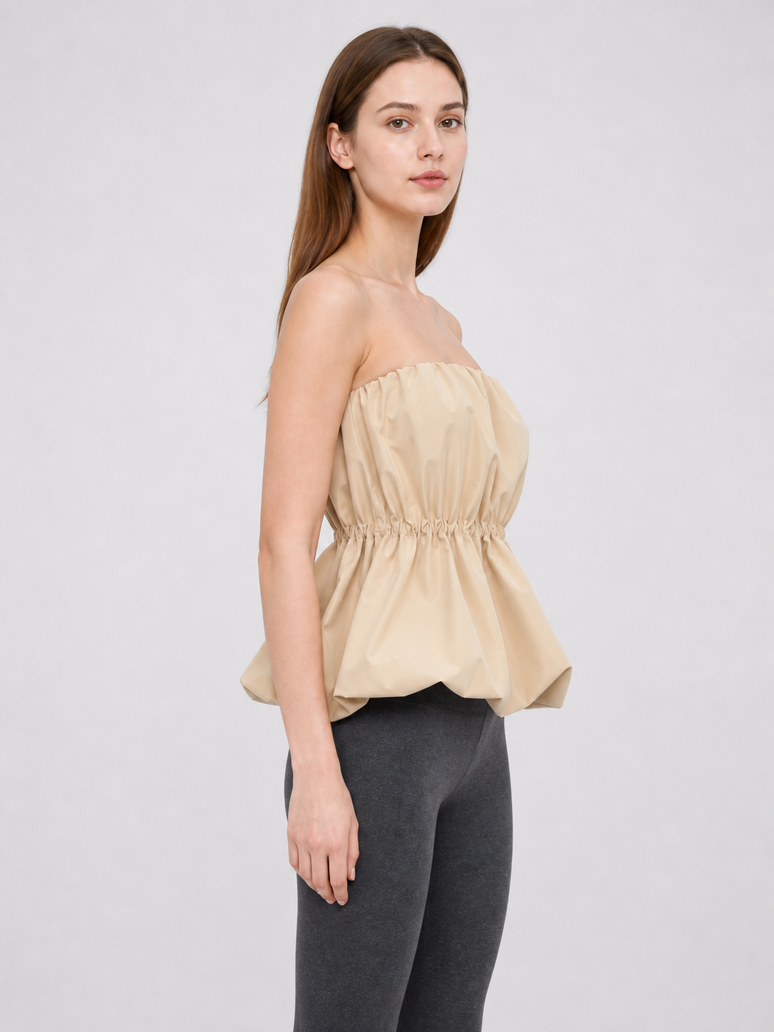 Strapless Peplum Bustier Top, Beige