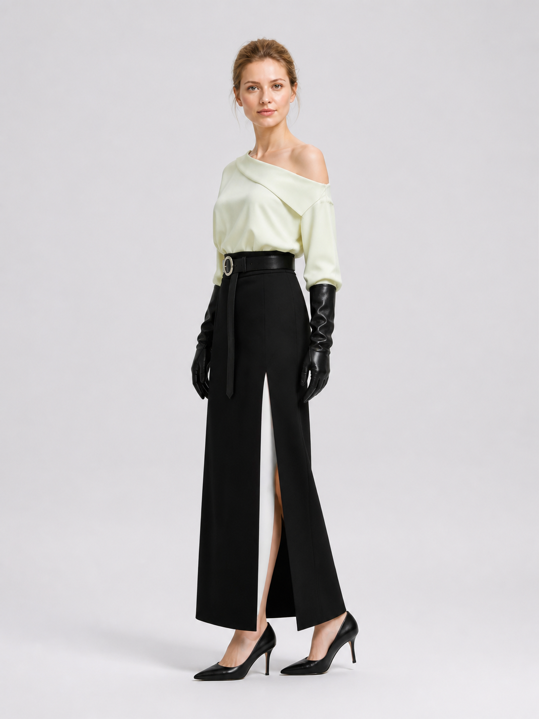 Grace RE9 Cosplay: White Blouse and Black Slit Skirt side view