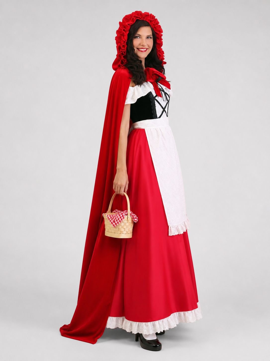 Red Riding Hood costume set designed as a dress with a cape, suitable for stage performances, festive dress-up, and themed cosplay. The set includes a costume combining a red dress with a full silhouette, a white apron-style front, and a re