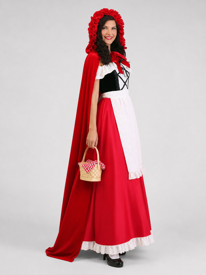 Red Riding Hood costume set designed as a dress with a cape, suitable for stage performances, festive dress-up, and themed cosplay. The set includes a costume combining a red dress with a full silhouette, a white apron-style front, and a re