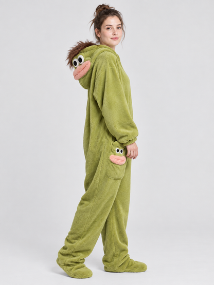 Coral Fleece Pajama Jumpsuit with Cartoon Decor