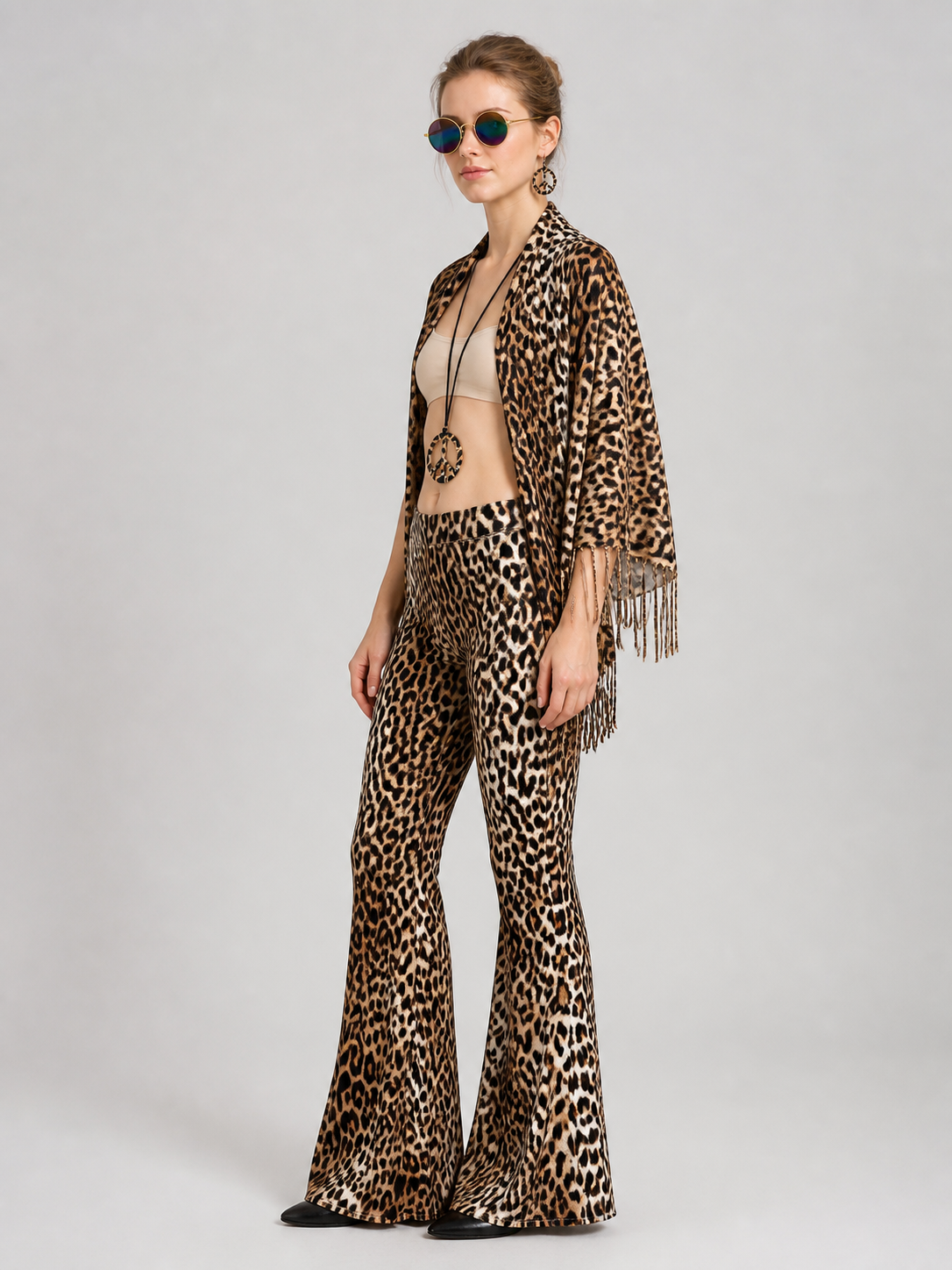 Leopard-Print Stage Costume with Flared Pants and Accessories side view