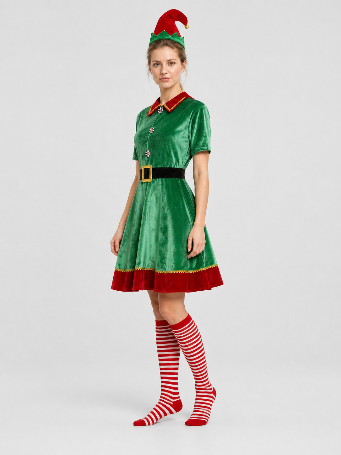 Christmas Elf Costume: Dress, Hat, Belt, and Socks